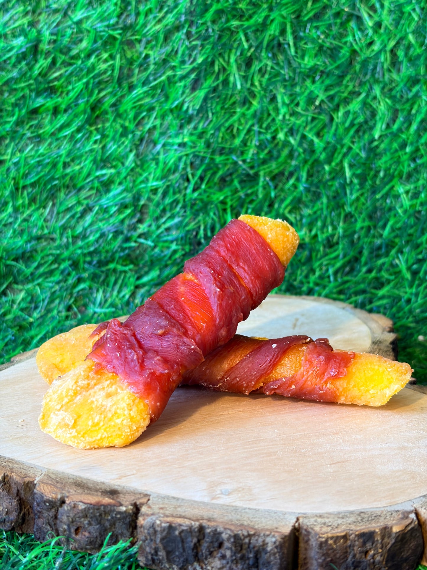 Duck wrapped mango slices